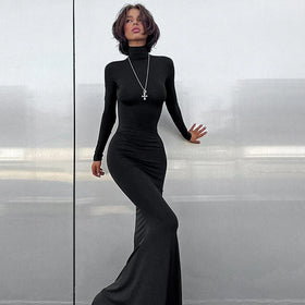 Ready to Ship High Neck Solid Color Slim Long Sleeve Elegant Casual Fish Tail Dress