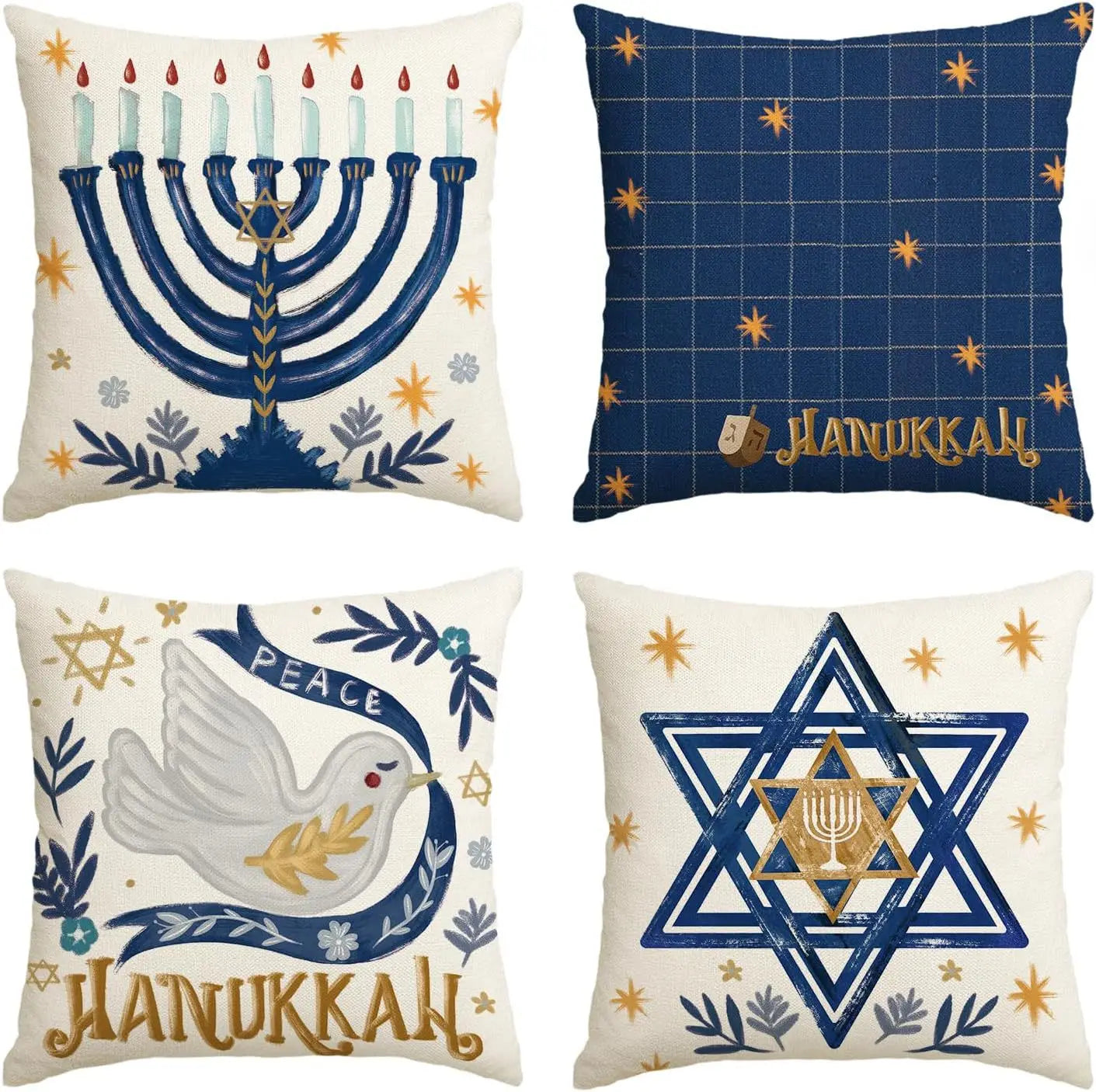 18x18 inch Happy Hanukkah Menorah Throw Dreidel Pillow Covers Linen Cushion Case Set of 4