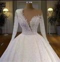 High Quality Luxurious V-neck Long Sleeve Long Train Wedding Dress With Beaded Sequins Wedding Dress Bridal Gown
