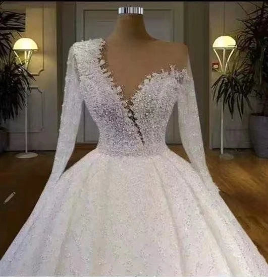 High Quality Luxurious V-neck Long Sleeve Long Train Wedding Dress With Beaded Sequins Wedding Dress Bridal Gown