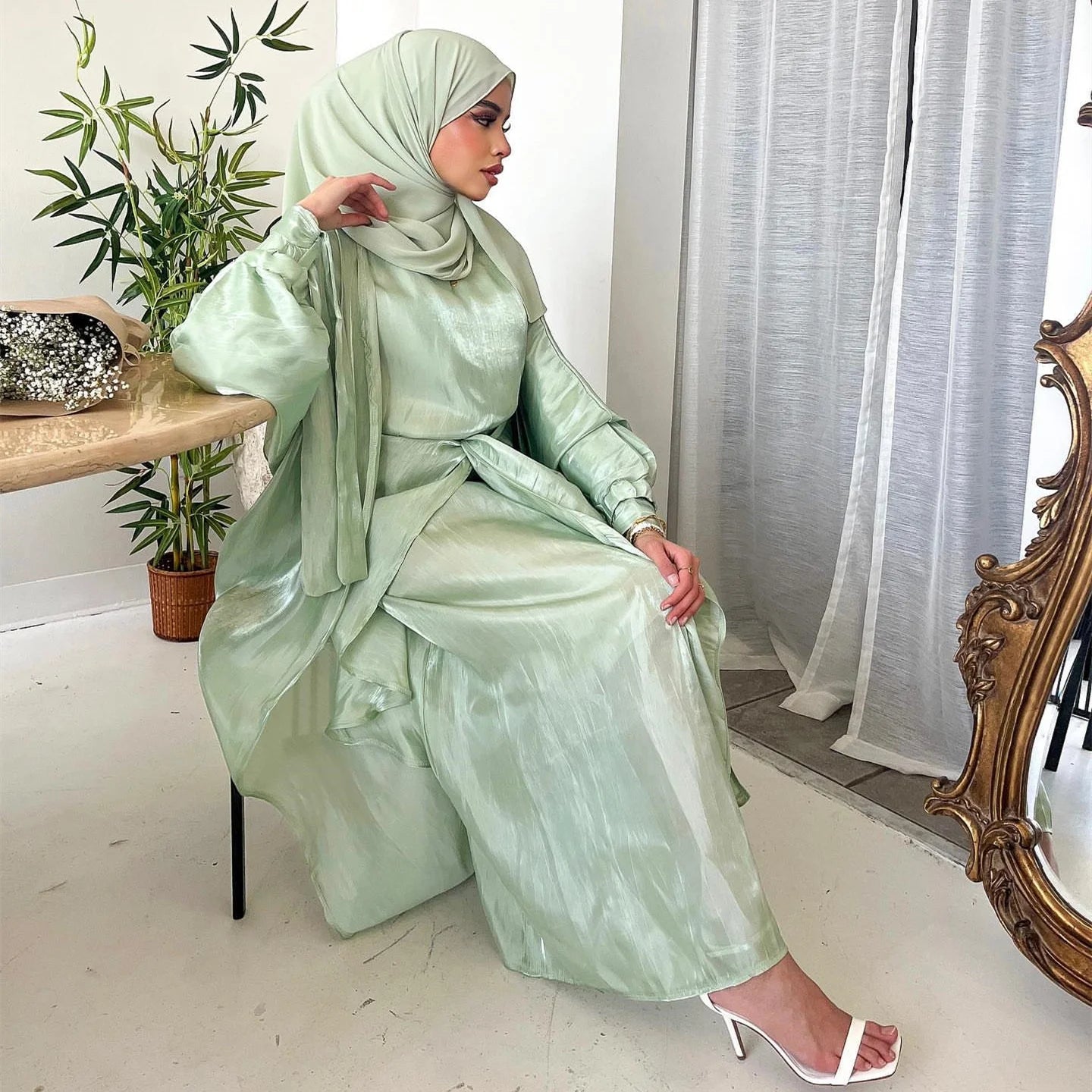 3 Piece Set Muslim Fashion Abaya Lily Shining Silk  Modesty and Elegant Abaya Dress for Women