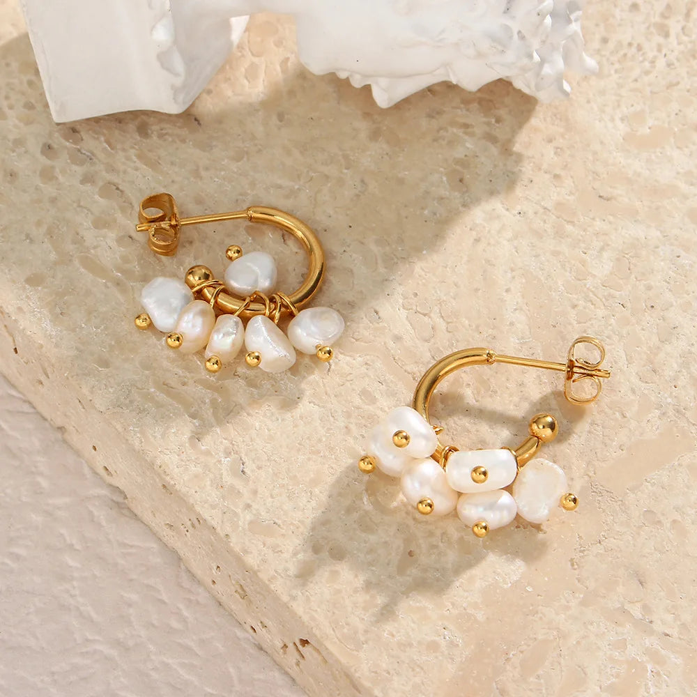 Korean Stainless Steel Fresh Water Pearl Drop Earrings Women Gold Plated Delicate Fashion Jewelry Gift