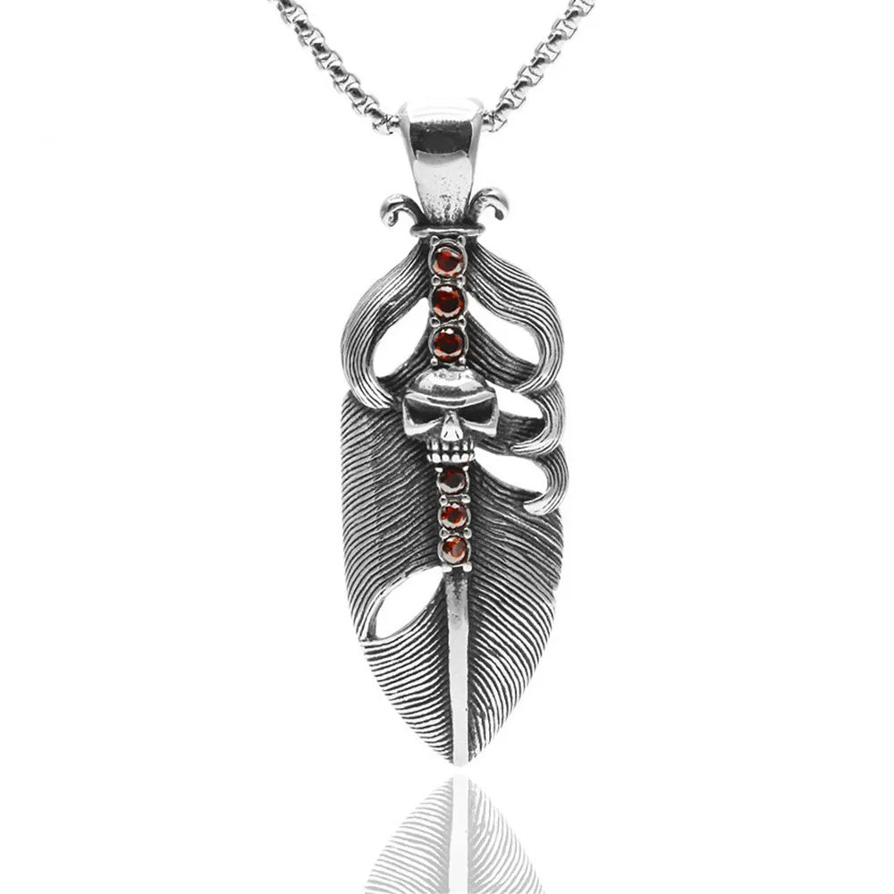 Punk Gothic Personality Simple Zircon Inlay Ghost Head Skull Pendant Feather Necklace for Wholesale Couple Jewelry