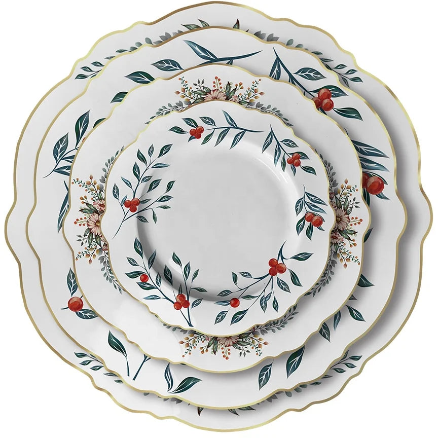 Fine Bone China Luxury Floral Dinner Plate Set New Design Flower Shape Gold Rim for Wedding Dinners Event Catering Made Ceramic