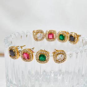 Rose Gold Zircon Stainless Steel Stud Earrings Fashion Luxury Pave Zircon Emerald Gemstone Earrings