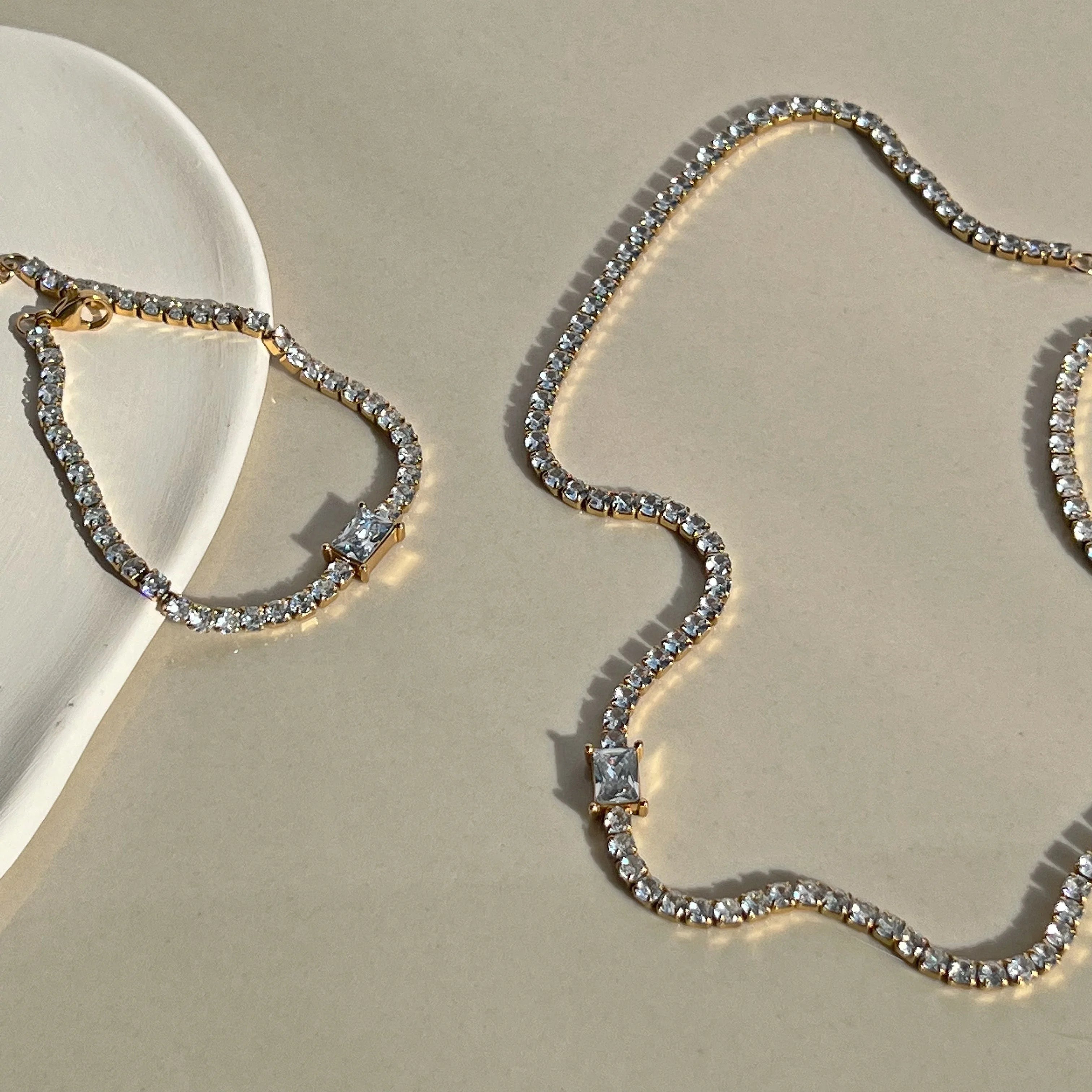 2023 Dazan New Ins Wholesale PVD 18k Gold Plated 316l Stainless Steel Cubic Circonia  White Tennis Chain Bracelet Necklace Women