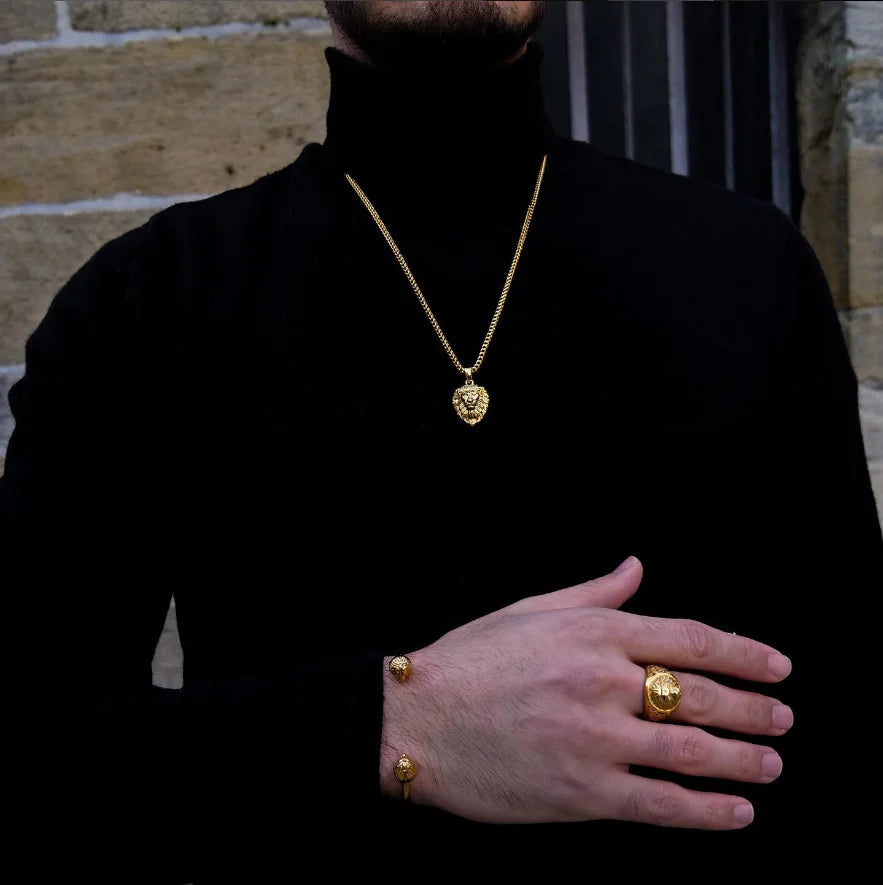 Goldix Jewelry 18K Gold Stainless Steel Sets for Men Lion Necklace Ring Bangle Wedding Fashionable Hot Sale Christmas Gift for