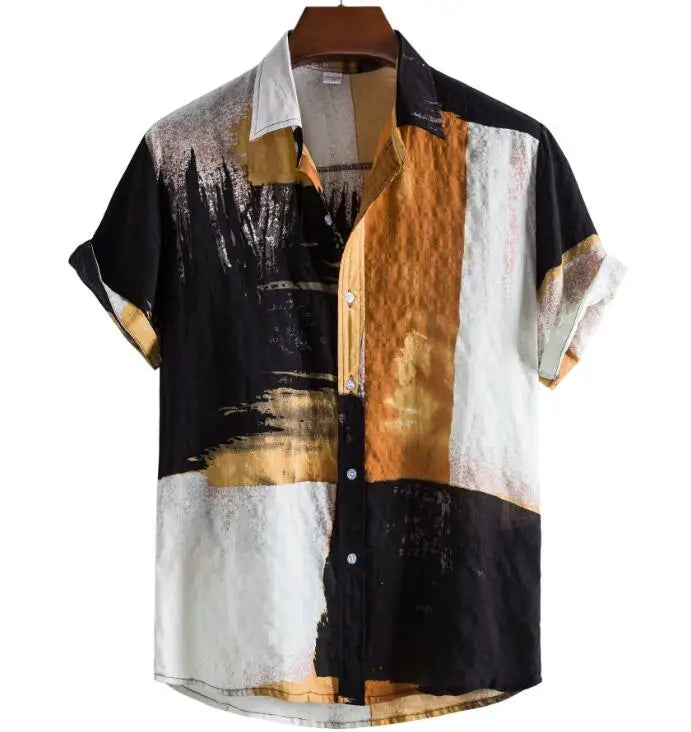 Men's Color Block Cotton Linen Cardigan Short Sleeved Tops Lapel Collar Beach Casual Shirt