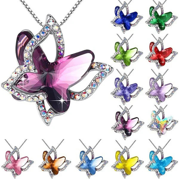 12 Color Butterfly Birthstone Crystal Pendant Necklace for  Women Girls Mothers Day Anniversary Birthday Christmas Gifts Jewelry