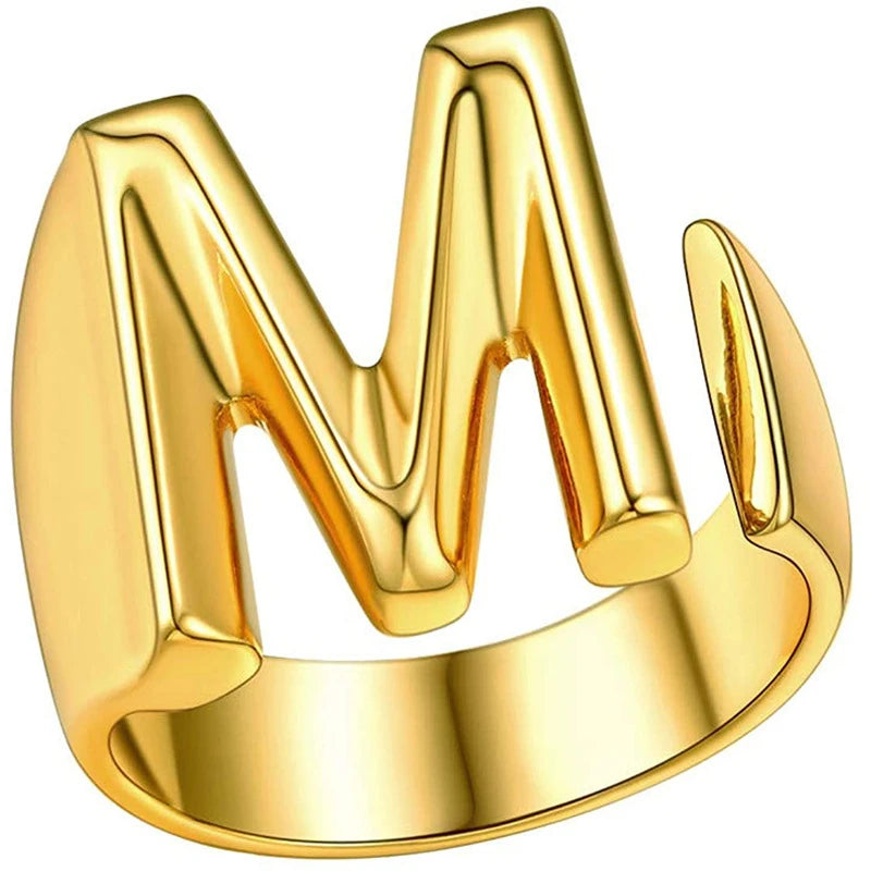 Copper 18k Gold Plated Romantic Geometric Initial Adjustable Ring for Unisex Wedding Engagement