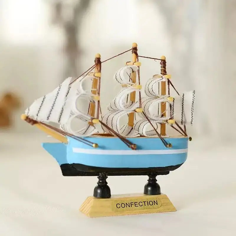 Tailai 10cm Wooden Sailing Boat Decor Mediterranean Nautical Tabletop Craft Figurine Smooth Sailing Cake Topper for Birthday