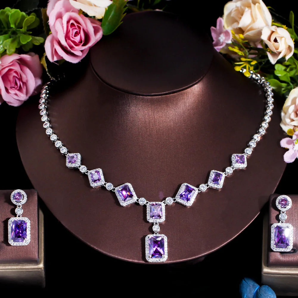 Bulk Luxury Purple Cubic Zircon Halo Setting Jewelry Set Copper Alloy Necklace and Drop Earrings for Women Wedding Party Gifts