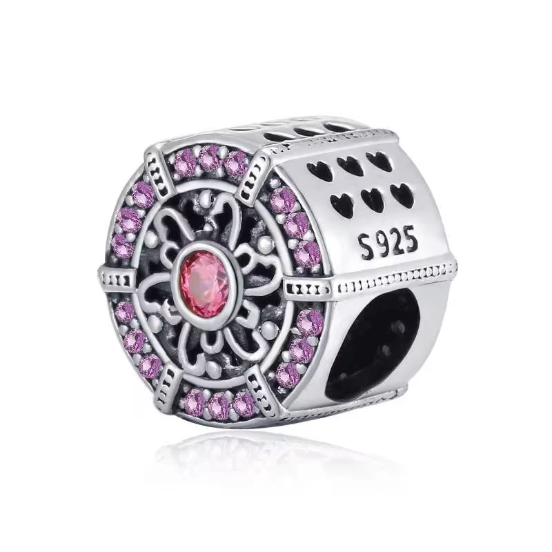 Wholesale DIY Jewelry Bulk S925 Sterling Silver Pink Zircon Blossom Flower Charm Beads