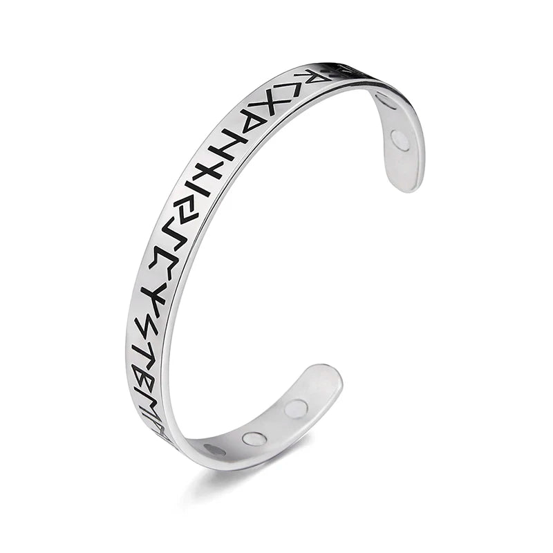 24 Runes Magnetic Health Silver Bangle for Women Men Stainless Steel Adjustable Viking Amulet Vintage Cuff Bangle Silver Jewelry