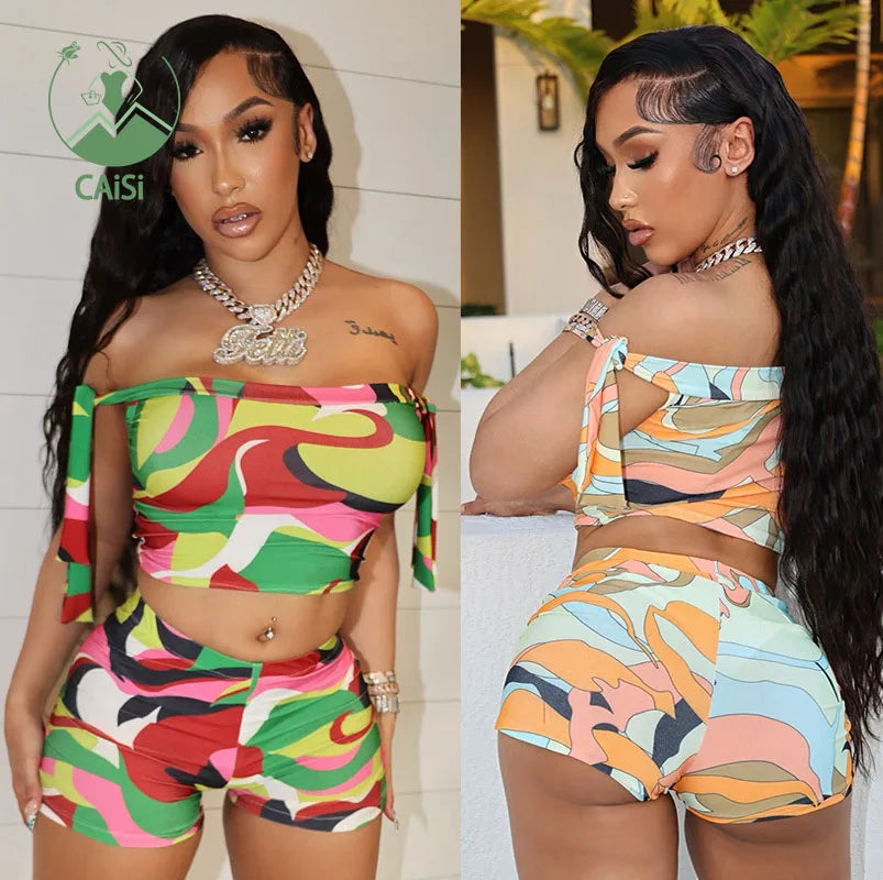 Fashion Print 2 Piece Set Women Badnage Straps off Shoulder Crop Tops and Skinny Shorts Trendy Outfits