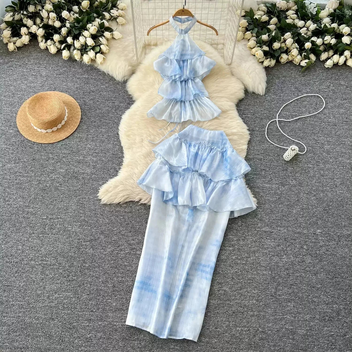 Holiday Wear With Female Sweet Gentle Wind Halter Strap Top High-waisted Slim-fit Skirt