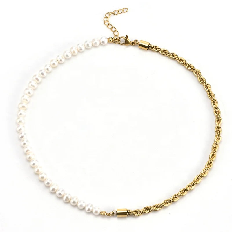 Luxury Half Stainless Steel Gold Plated Twisted Rope Chain Half Freshwater Pearl Chokers Necklaces for Men and Women
