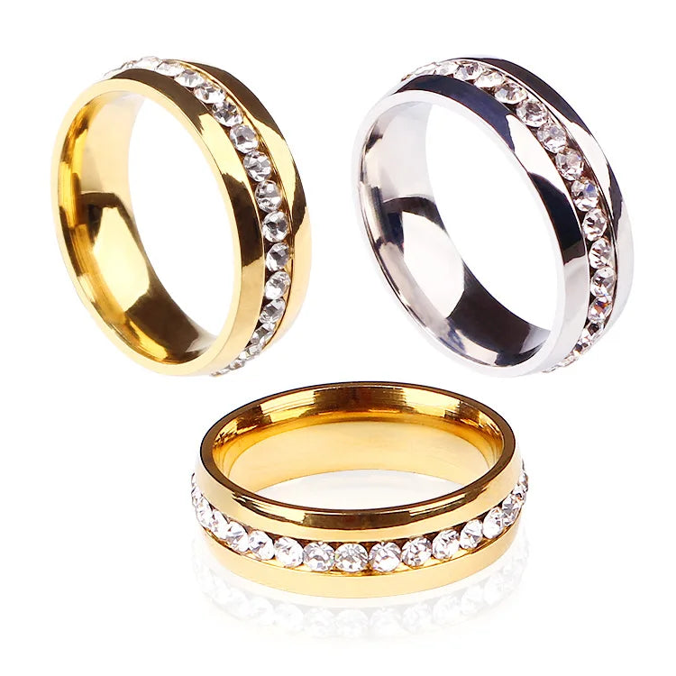 Wholesale 18K Gold Trendy New Men's Stainless Steel Finger Rings Woman's Custom Crystal Rhinestone Jewelry Weddings Engagements
