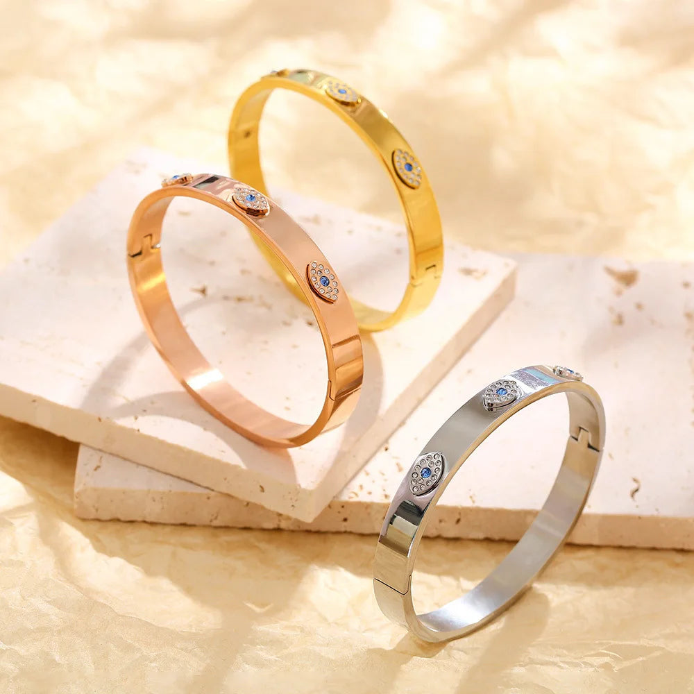 8mm Waterproof Titanium Cubic Zircon Blue Turkish Eye Open Bangle IP 18k Gold No Fade 316L Stainless Steel Evil Eyes Cuff Bangle