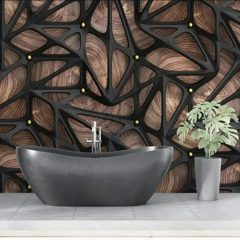 Blue wood oak background wallpaper 3D black metal checkered mural