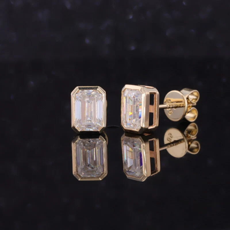 Fine Jewelry Bezel Setting DEF Color Emerald Cut Moissanite 14K Yellow Gold Stud Earring