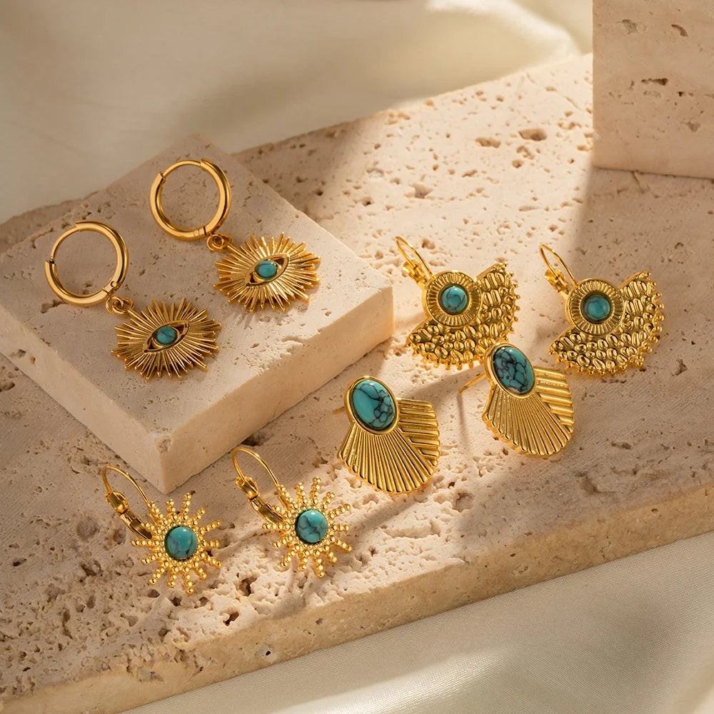 Bohemia Retro Turquoise Stone Vintage Drop Earrings Long Boho Earrings Jewelry for Women