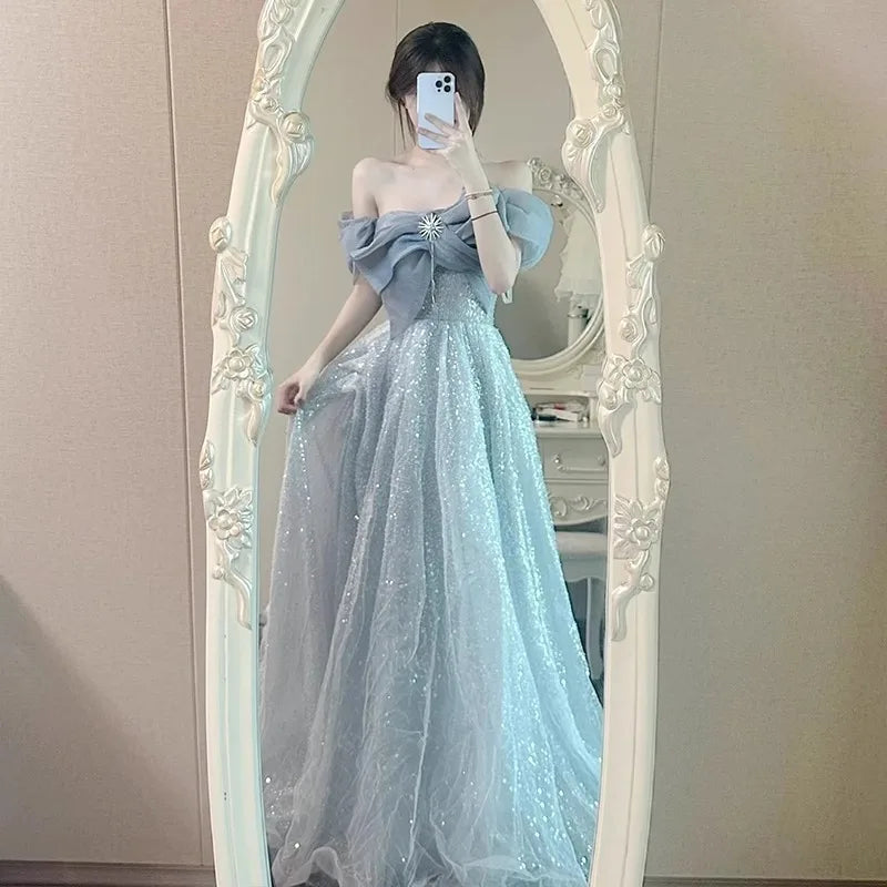 Women's Luxurious Satin Evening Dress Off-Shoulder Banquet Style Lace-up Back Design Sequined Decoration for Weddings Ceremonies