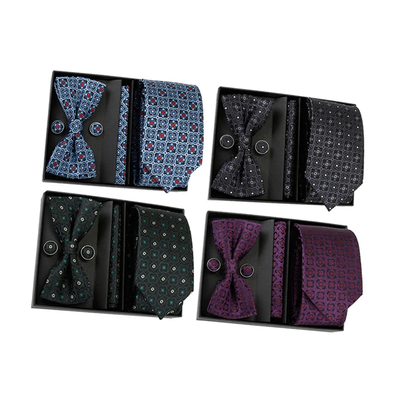 Wholesale Custom Men's Gift Set Slim Polyester Necktie Bowtie Pocket Square Cufflinks Shirt Cravate for Parties