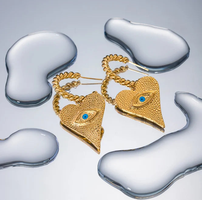 New Design Stainless Steel Hoop Earrings Evil Eyes Pendant C Shape Gold Plated Earrings for Women Gift