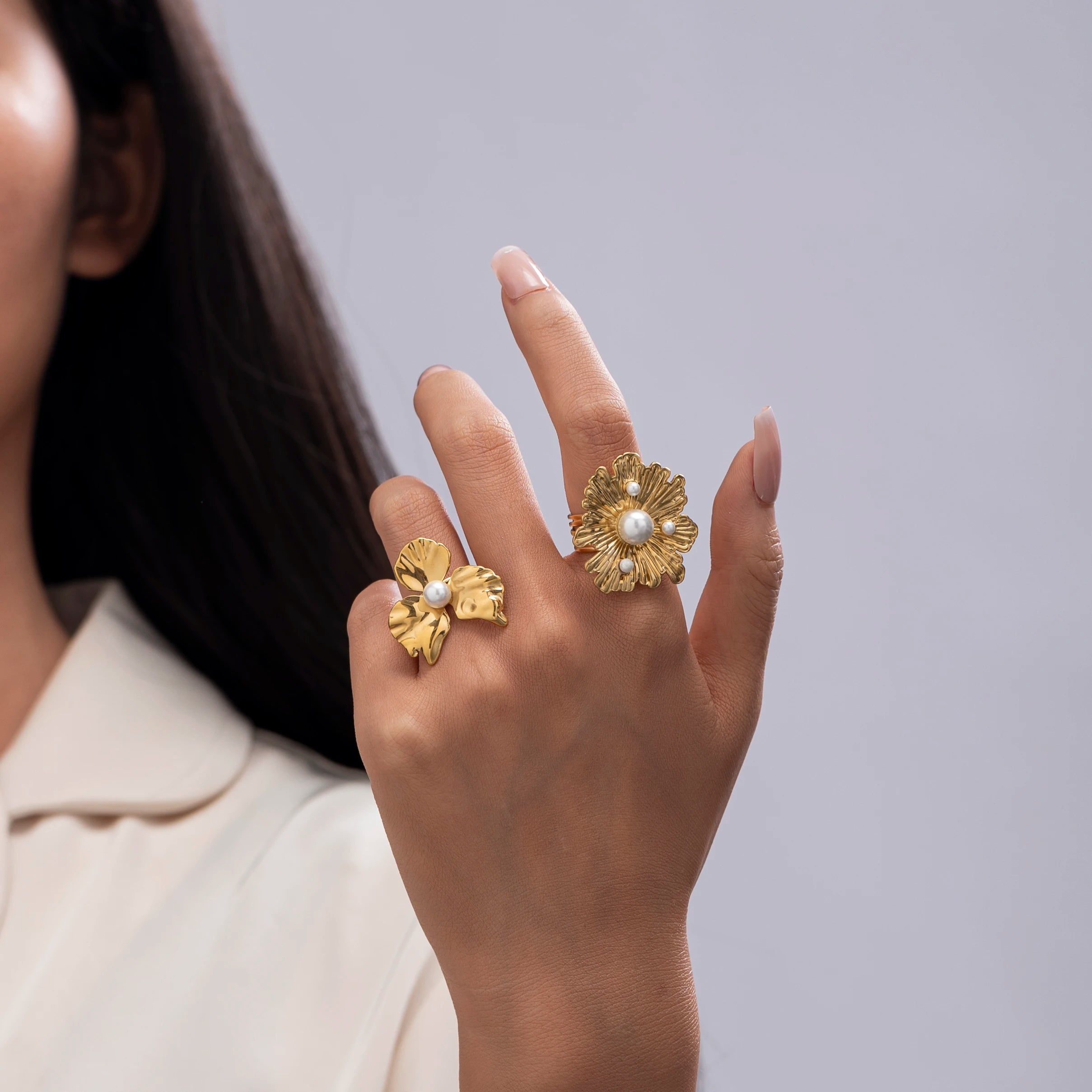 Fashion Dainty Flower Stacking Chunky Ring Hollow Adjustable 18K Gold Plated Stainless Steel Women Jewelry Rings Wholesale