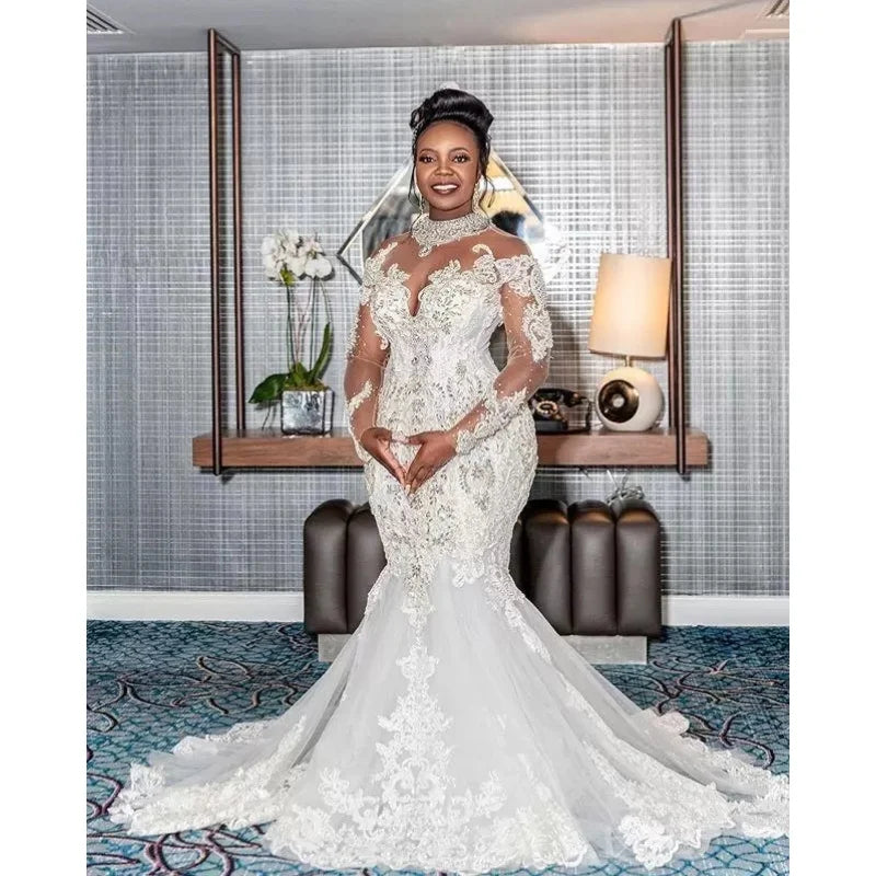 Luxury Crystals Mermaid Wedding Dresses Long Sleeves Illusion Lace Applique Sequins High Neck Custom Made Plus Size Wedding Gown