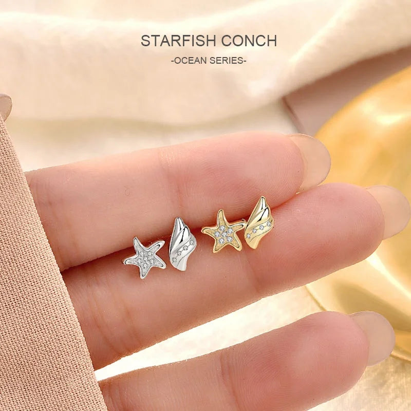 EA04 Boho Summer Beach Shell Starfish Conch Stud Earrings for Women Ocean Piercing 925 Sterling Silver Fashion Fine Jewelry Gift