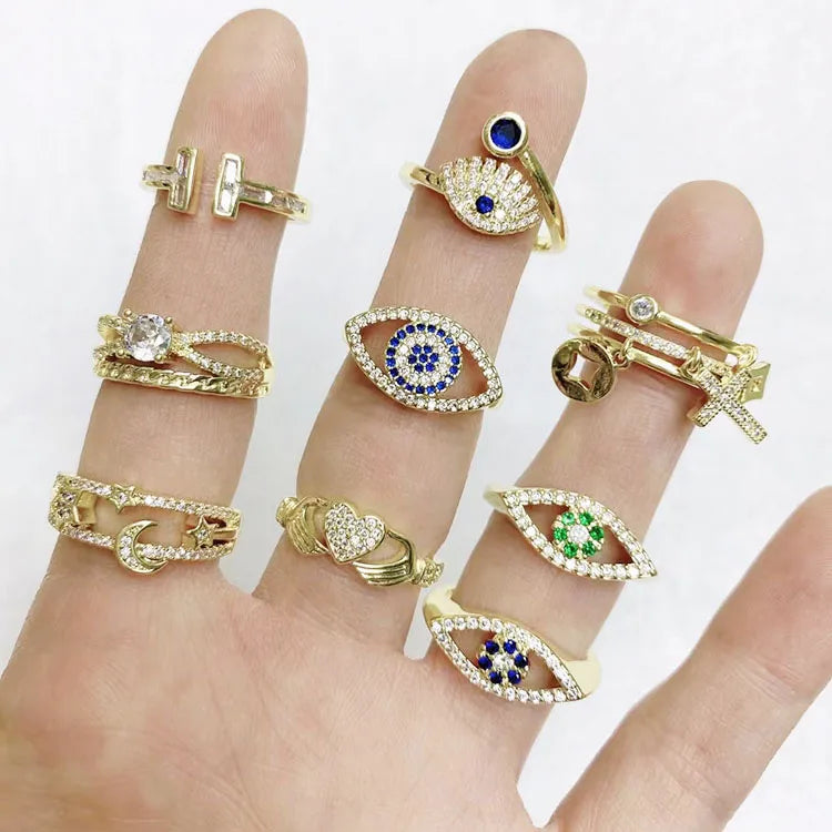 RM1383 Dainty 18k Gold Cubic Zirconia Evil Eyes Ring Greek Jewelry Anillo Ojo Turco Mal De Ojo Stacking Rings for Ladies Women