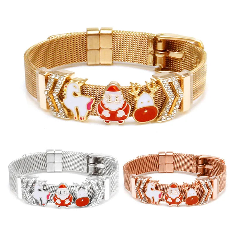 YK 10mm Stainless Steel Mesh Watch Strap Christmas Elk Beaded Bracelet Christmas Gift