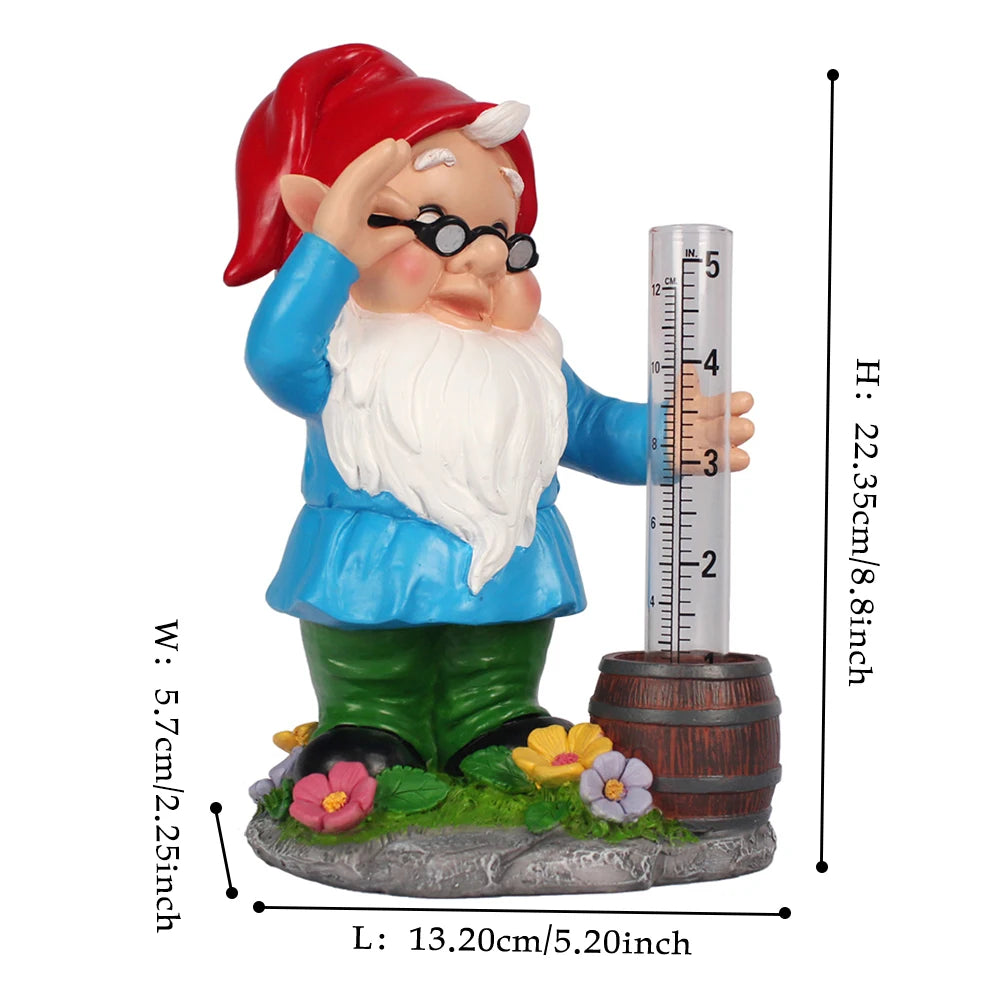 Garden Gnome Rain Gauge with Red Hat and Magnifying Glass Colorful Resin Weather Station with Measurement Tube for Yard Decor