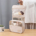 Bulk Large Beige Lay Flat Hanging Fold up Mesh Fabric Soft Cosmetic Travel Kit Bag with Hook