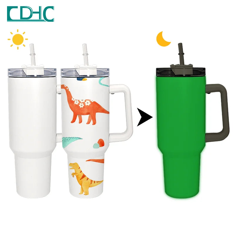 40oz Glow in the Dark Tumbler Stainless Steel Travel Mug with Plastic Handle Straw for Camping Sublimation Blank