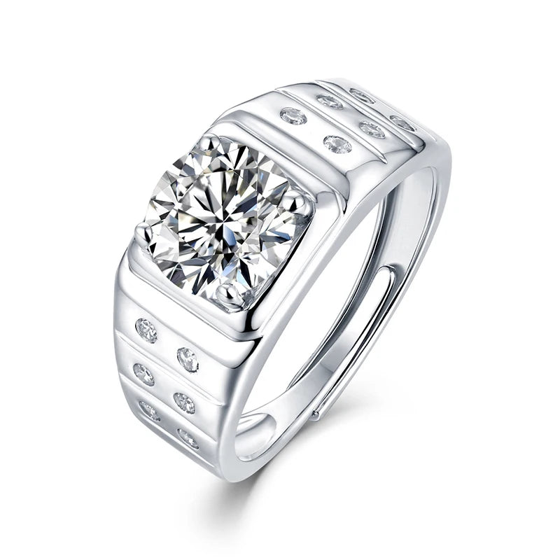 RINNTIN SMR14 2Ct Moissanite Diamond Ring Fashion Adjustable 925 Silver Jewelry Engagement Men Rings for Wedding