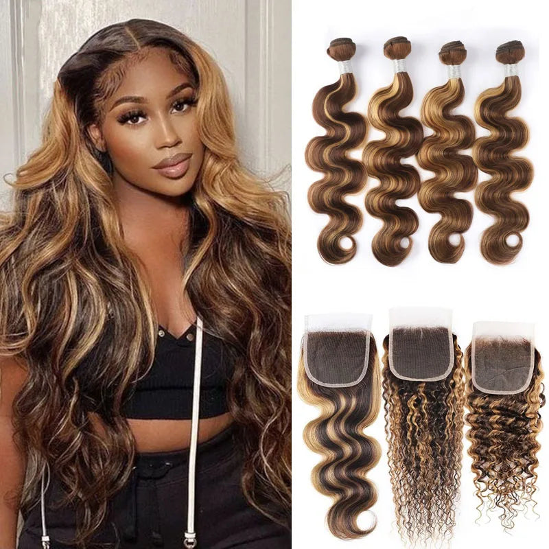 Highlight Human Hair Body Wave Bundles Bone Straight Piano Color Hair HD Lace Closures P4/27 Weave Fashion Dyeing