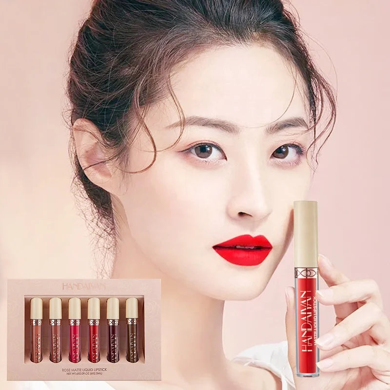 HANDAIYAN 6pcs Rose Flavor Matte Liquid Lipstick Set Rich Color Long Lasting Waterproof Non Stick Cup Best Vegan Lipgloss