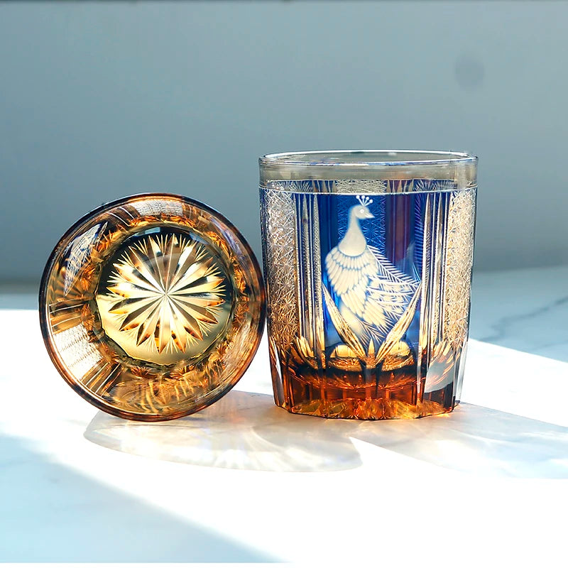Hand Blown Amber Blue Peacock Pattern Hand-Carved Cut Cased Glass Whisky Cups Best for Bar/Party/Gift MegaBDM