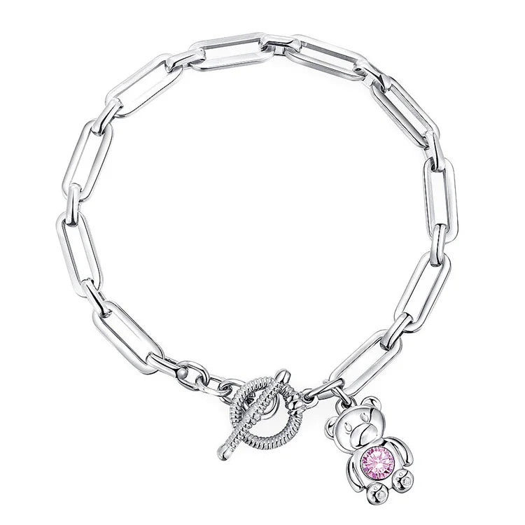 High Quality Stainless Steel Paperclip Chain OT Clasp Closure pink Color Crystal Bear Charm Bracelet