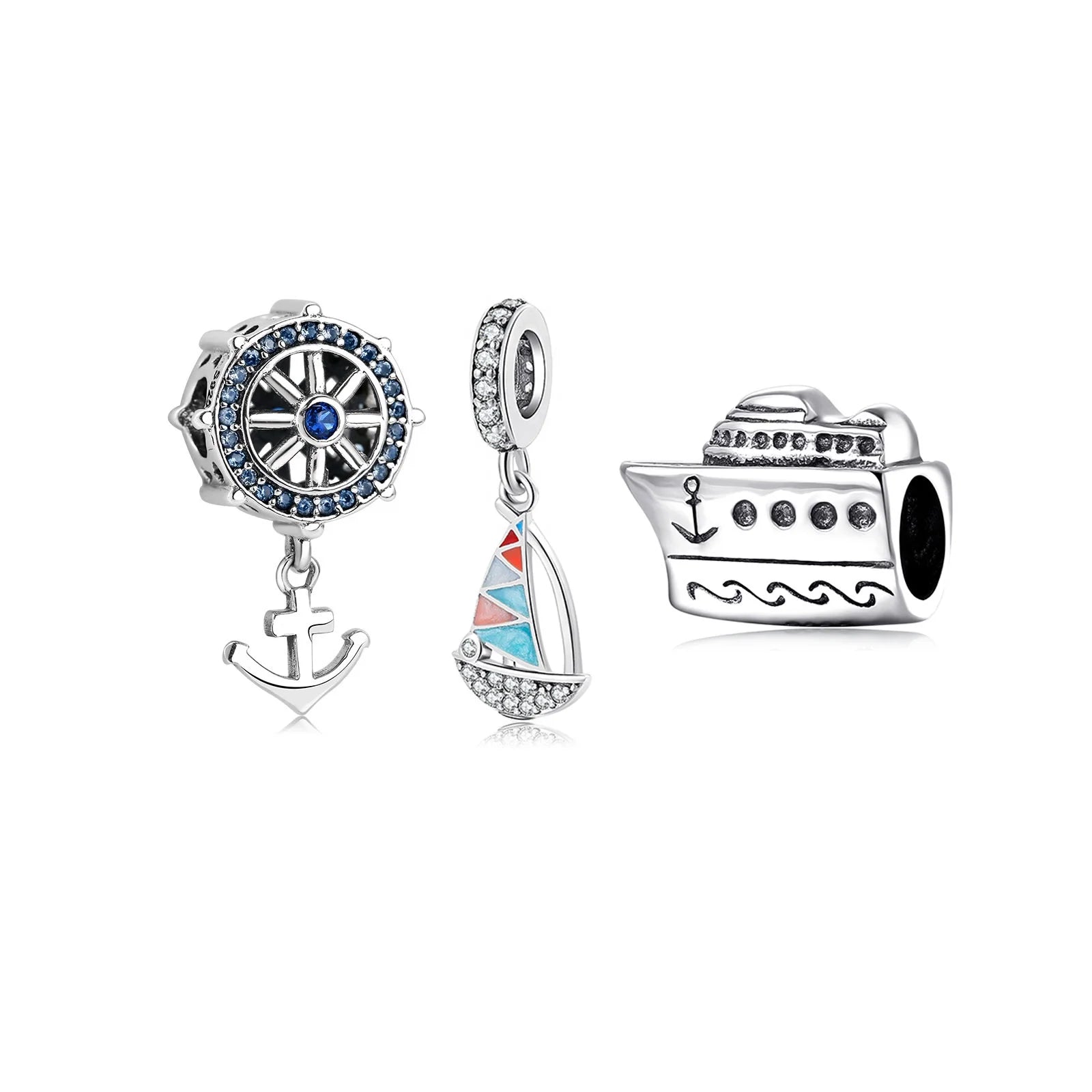 Real 925 Sterling Silver Colorful Enamel Sailboat Clear CZ Charms for Jewelry Making Pendants Fit Charm Bracelets Wholesale