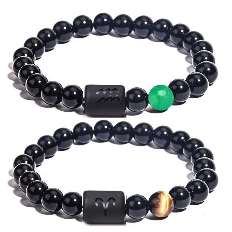 Fashion 8MM Beaded Charm Charm Astrology 12 Zodiac Sign Bracelet Jewelry for Men