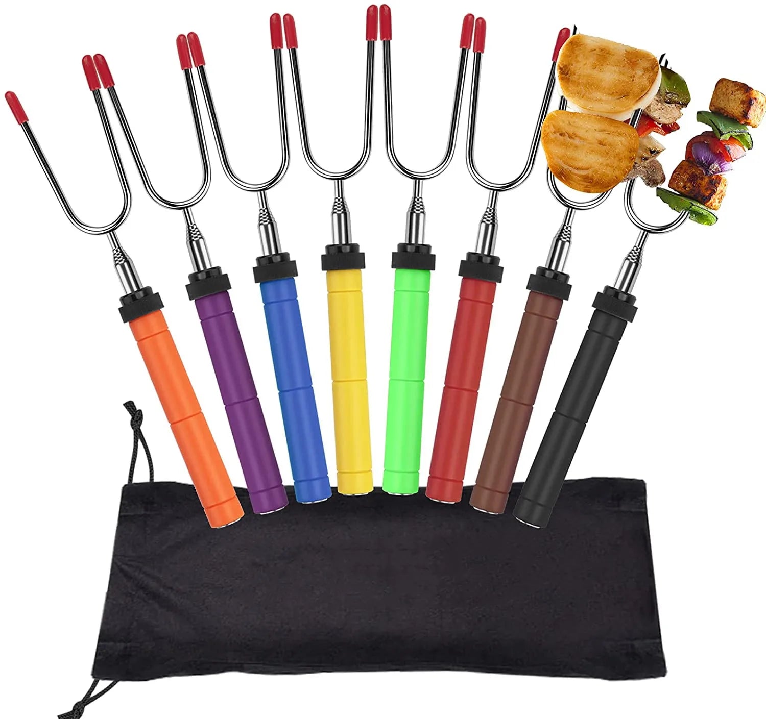 BBQ Forks Stainless Steel Smore Skewers With Wooden Handle Telescoping Smores Roasting Sticks for Fire Pit