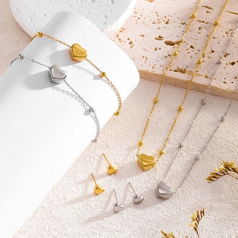 Stainless Steel 18K Gold Plated Heart Necklace Bracelet Anklet Earrings Set Women Wedding Jewelry Gifts