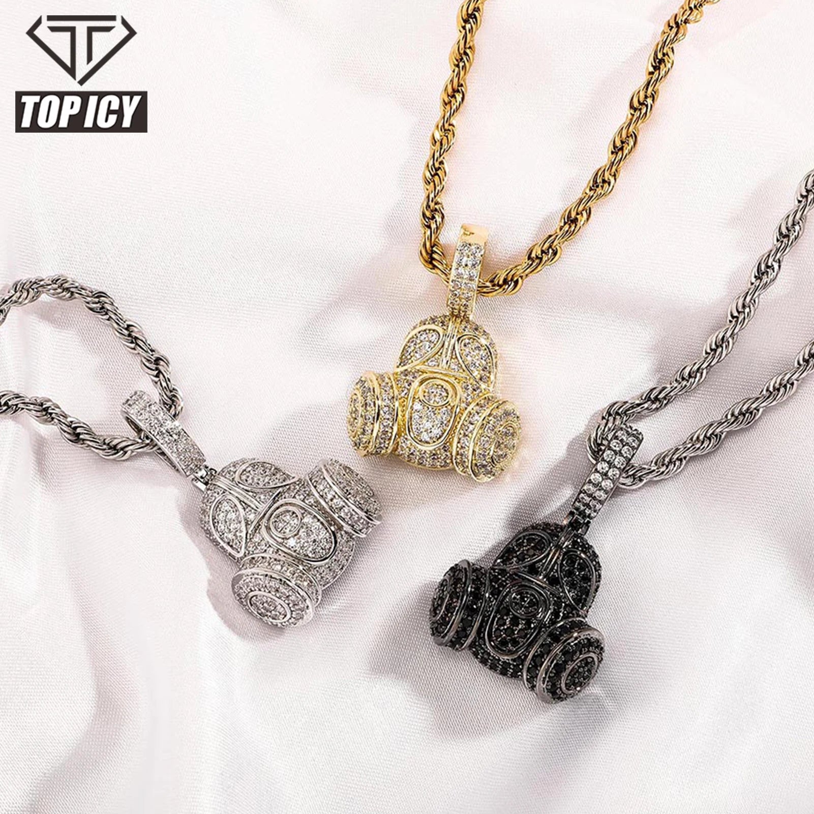 ICY Punk Hip Hop Black Gold White Gas Mask Pendant Necklace with CZ Zircon Stones Free Link Chain for Weddings and Parties