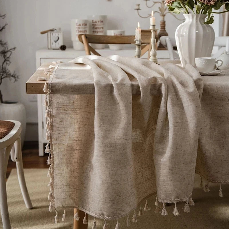 XinLan Solid Color Linen Simple Style Home Decoration Tablecloth Tassel Edge Long Table Tablecloth