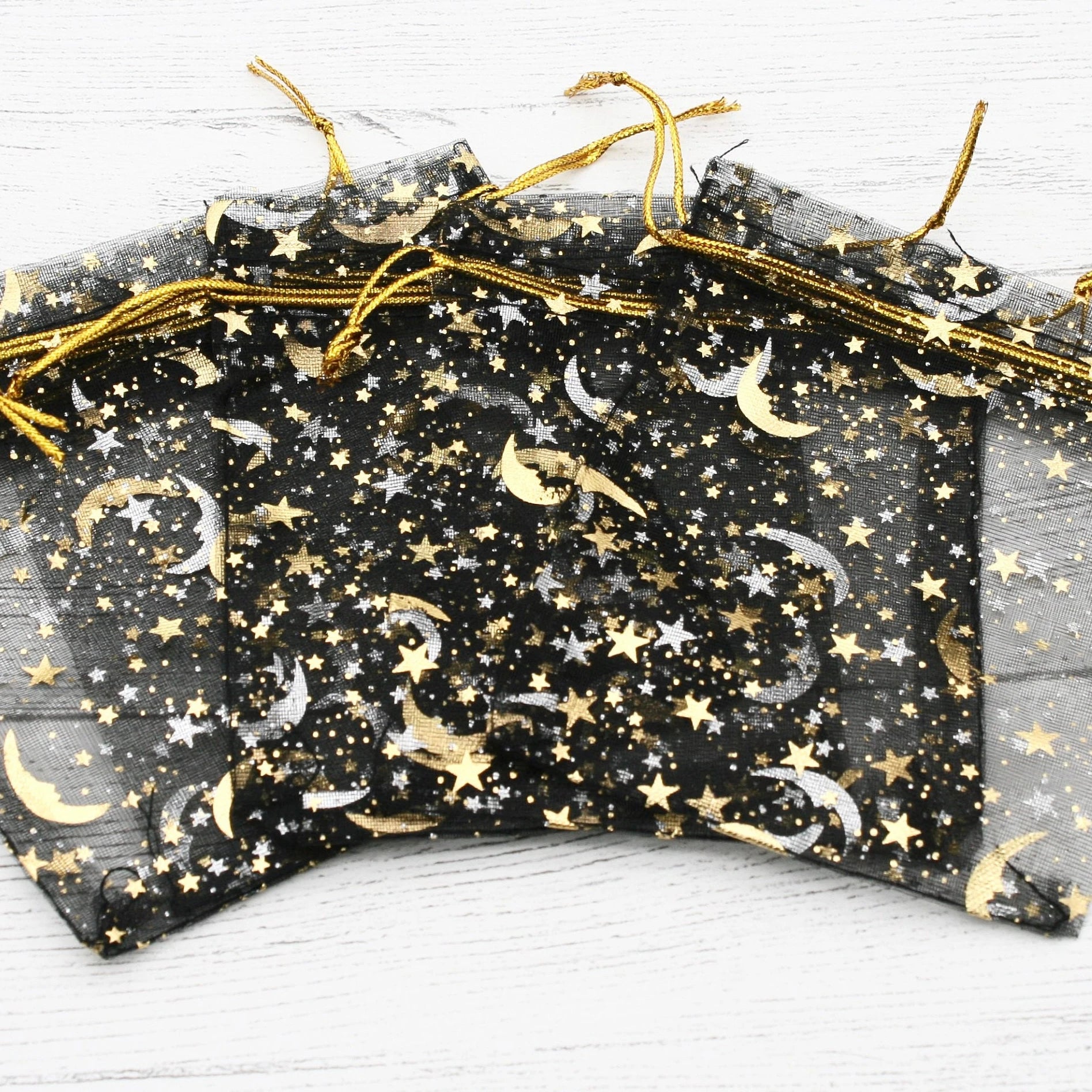 Wholesale LNX Brand Custom Pull String Black Gold Moon Star Organza Bags Model LNX-22X228 for Gift Packaging