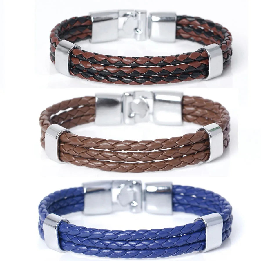 New Style Sports 3 Layer Leather Rope Handmade Braided Bracelet Surfer Zinc Alloy Leather Bracelet Mens Jewelry Gift